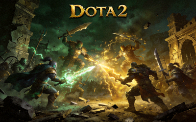 DOTA2游戏封面图展示远古战场团队对抗画面